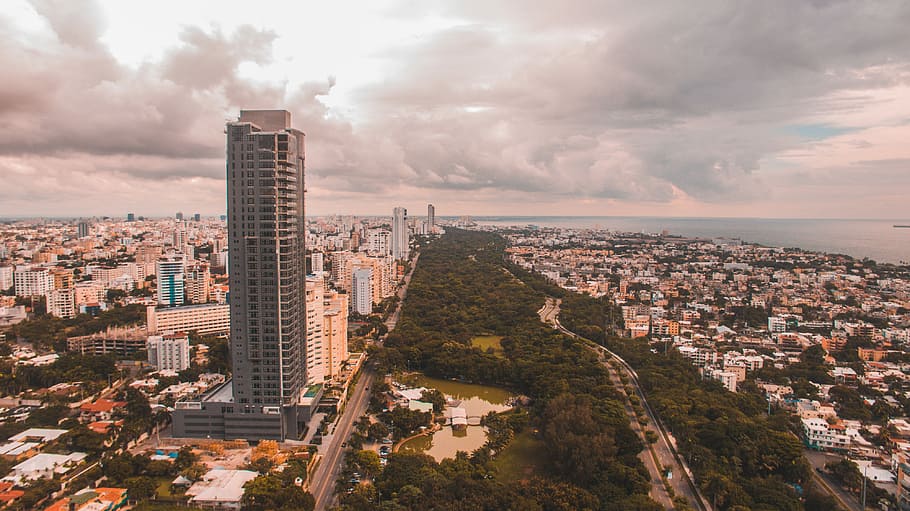 aerial view of houses and high rise building, aerial photography of gray concrete building HD wallpaper