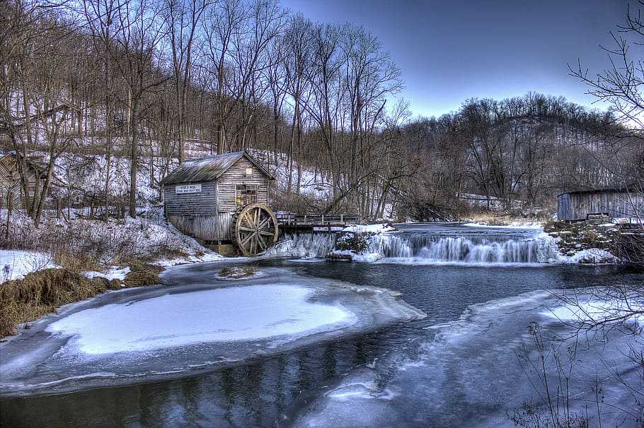 watermill beside lake and forest, winter, wisconsin, hyde, landscape scenic, HD wallpaper