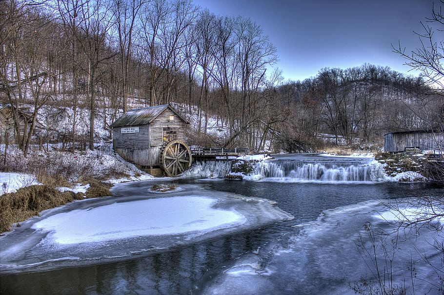 watermill beside lake and forest, winter, wisconsin, hyde, landscape scenic HD wallpaper
