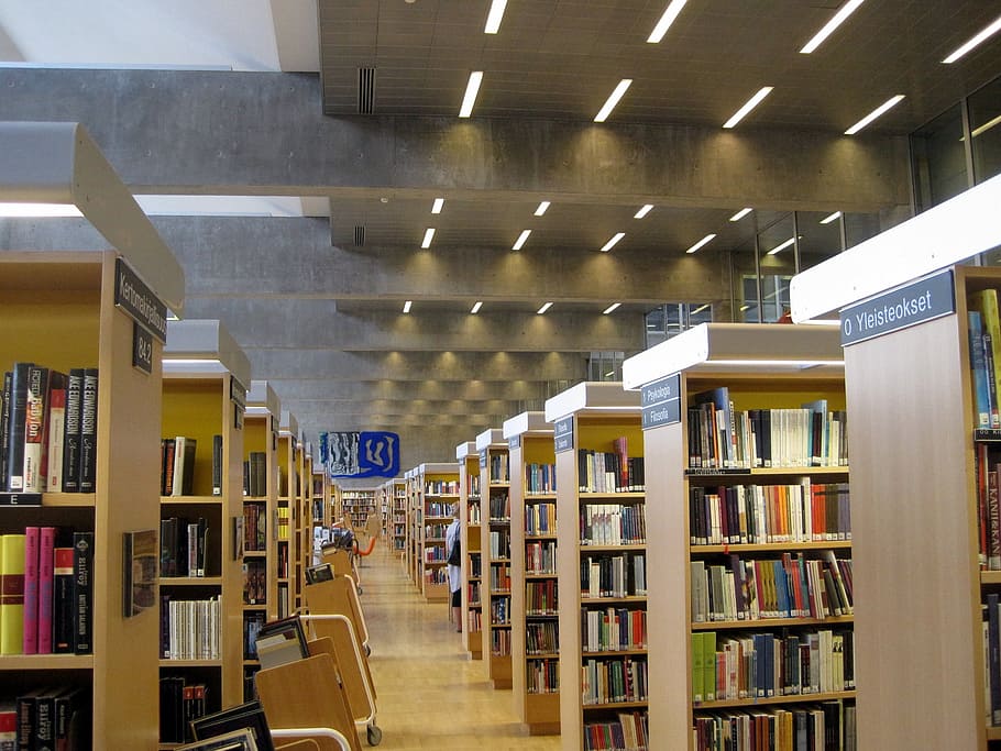 books on shelves, library, selections, inside, indoor, building HD wallpaper