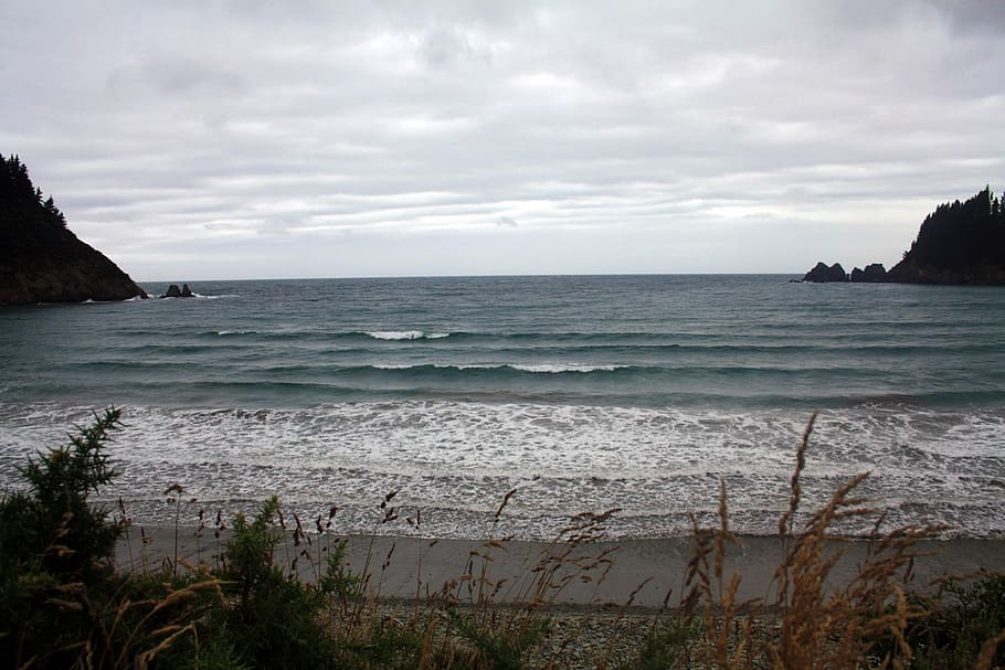 gray, waves, showers, sea, water, sky, cloud - sky, land, beach HD wallpaper