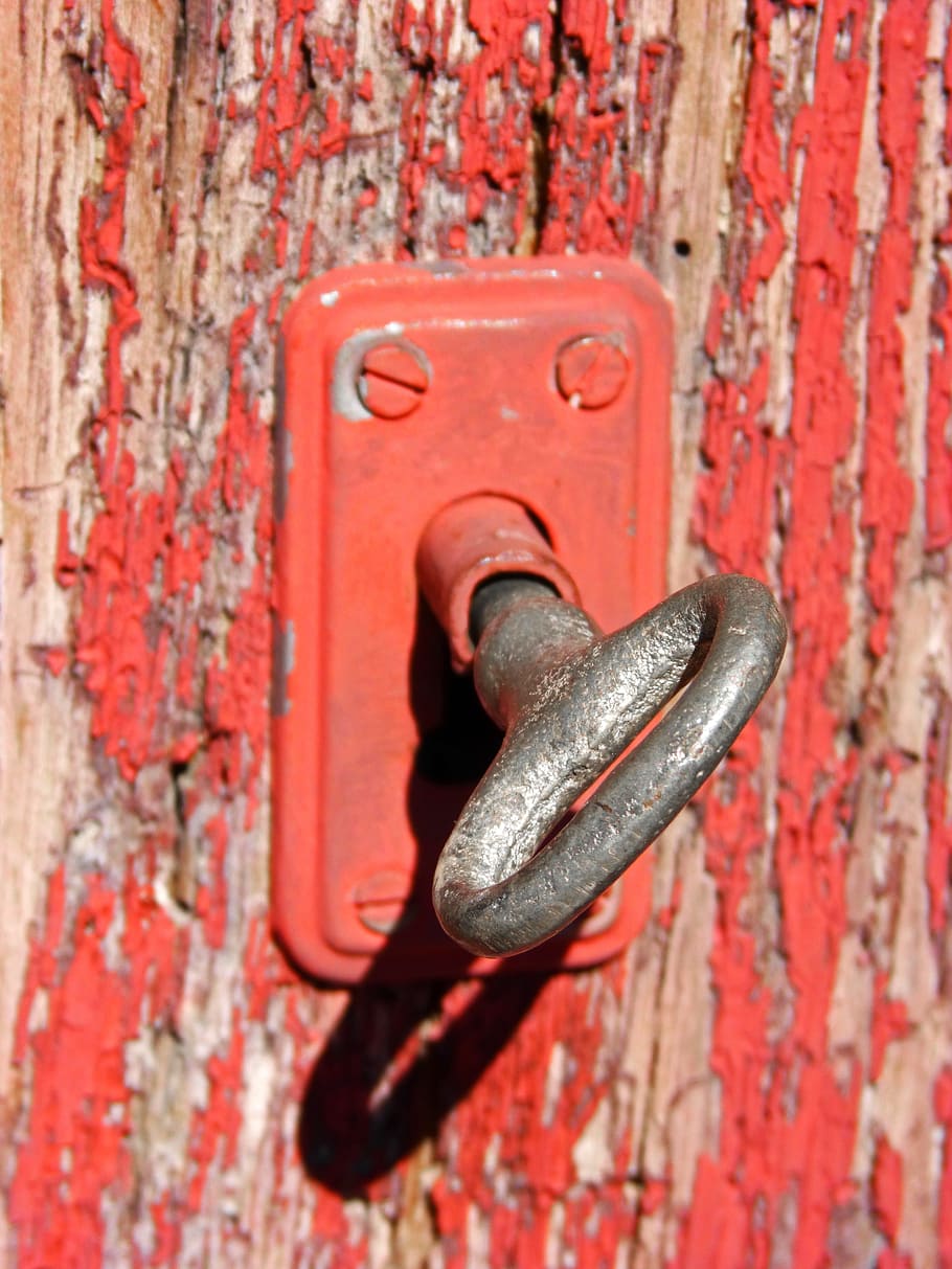gray steel hook, key, lock, rustic, door, red, metal, close-up HD wallpaper