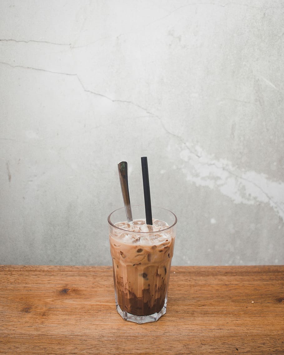 clear crystal glass with beverage and plastic sipping straw, chocolate juice with straw HD wallpaper