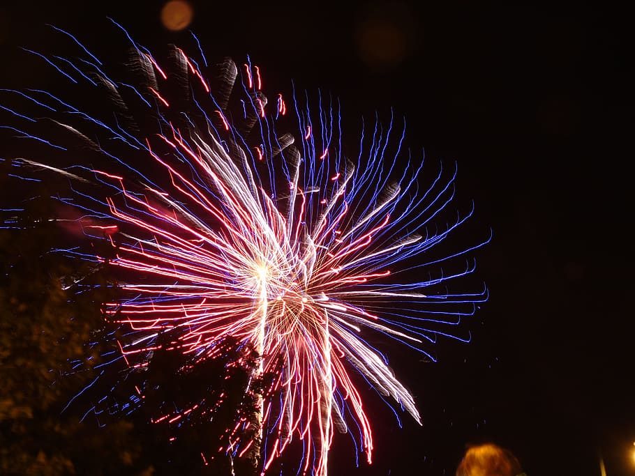 lines, fires, night, pyrotechnics, explosion, light, rays, colors HD wallpaper