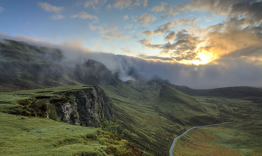 foggy mountain summit, rolling hill at golden hour, cloud, mist HD wallpaper