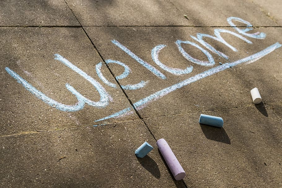 white welcome text on brown concrete surface, chalk, flashlights HD wallpaper
