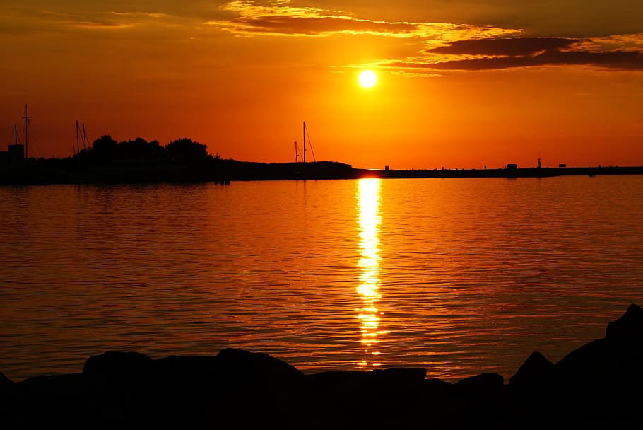 sunset, baltic sea, warnemünde, water, sky, silhouette, reflection HD wallpaper
