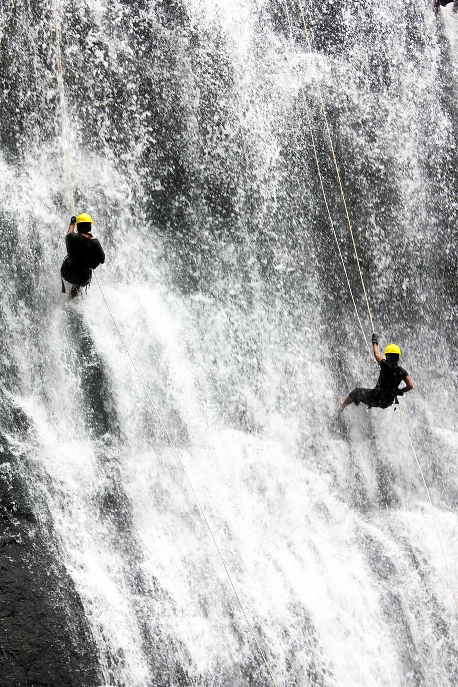 waterfall, people, two, rappelling, climbing, adventure, sports HD wallpaper