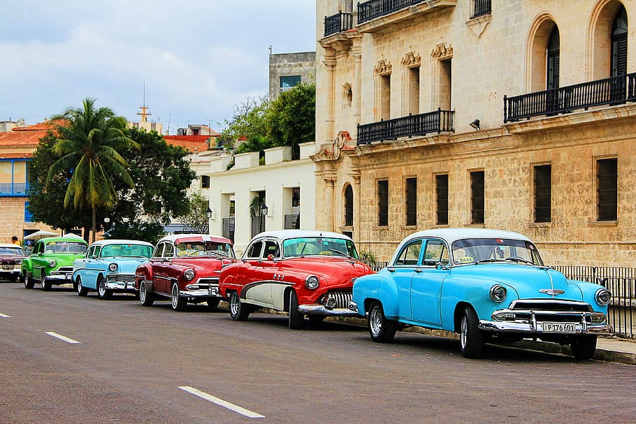 assorted-colored classic cars park on road beside black metal rails HD wallpaper