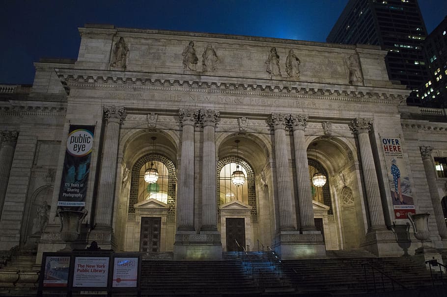 white concrete museum during nighttime, public library, new york, HD wallpaper