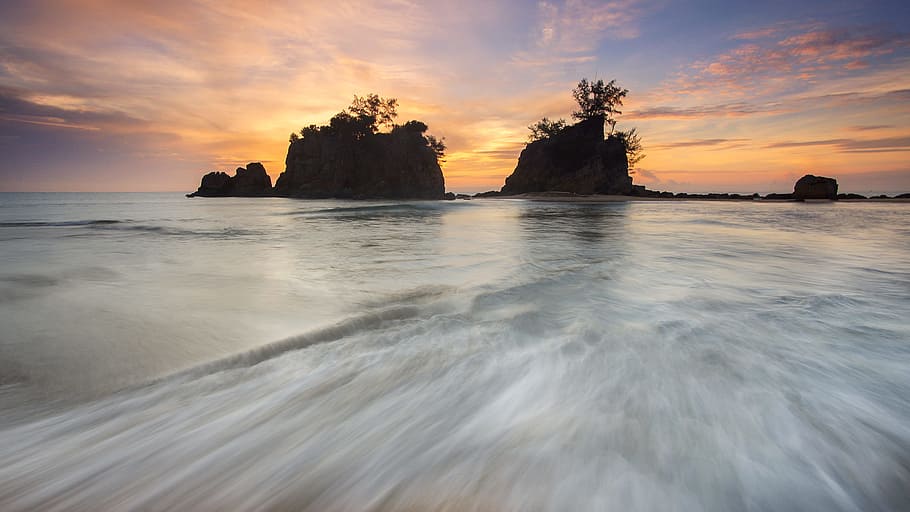 sea, dawn, landscape, nature, beach, clouds, evening, islands HD wallpaper