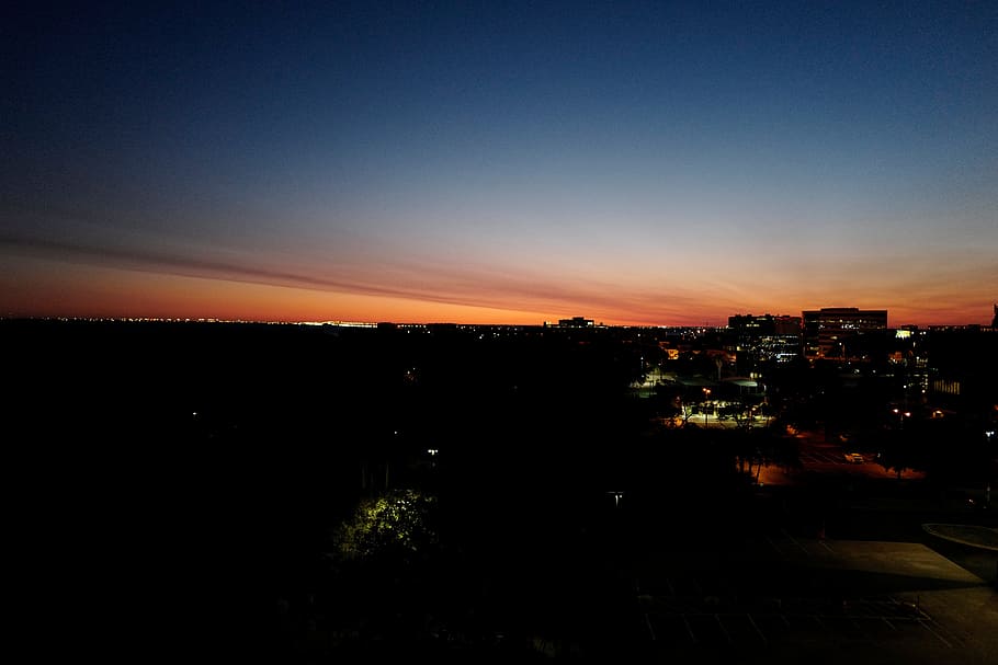 horizon, dark, night, blue, sky, clouds, lights, road, architecture HD wallpaper