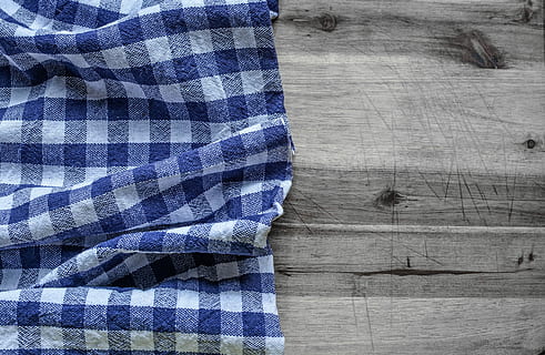 blue and white textile on gray wooden surface, Tablecloth, Kitchen, Towel HD wallpaper
