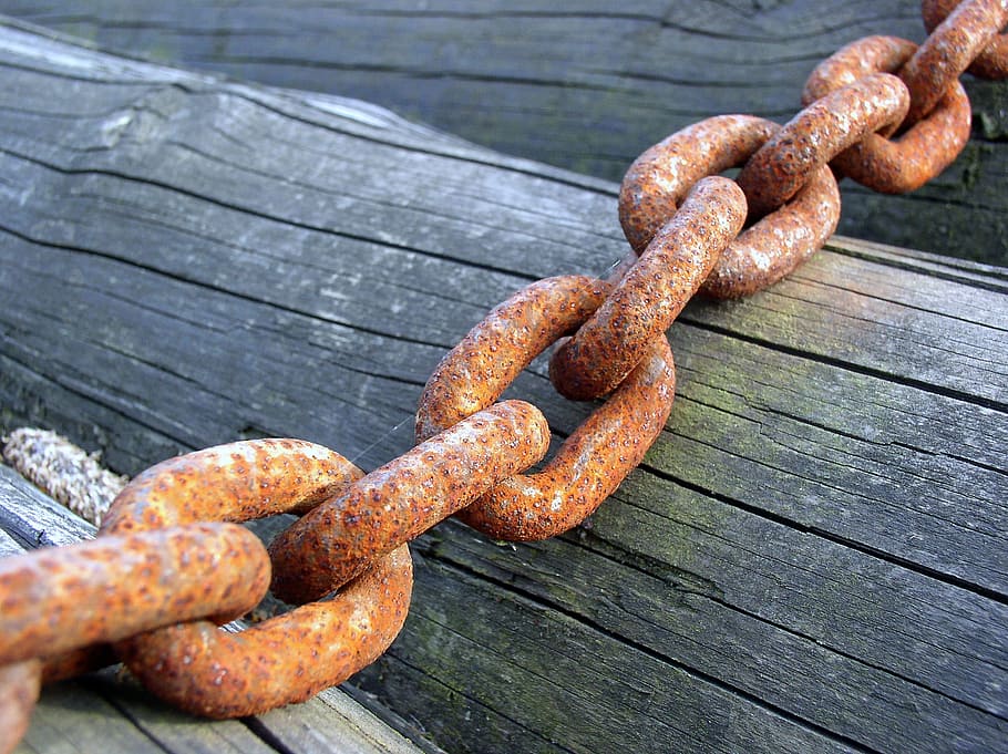 rusty chain on brown wood, wood trunks, stainless, work, metal