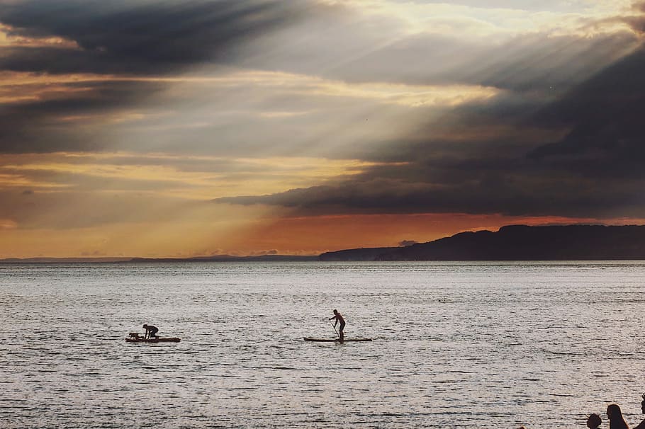 ocean during sunset, man standing on surfboard on body of water HD wallpaper