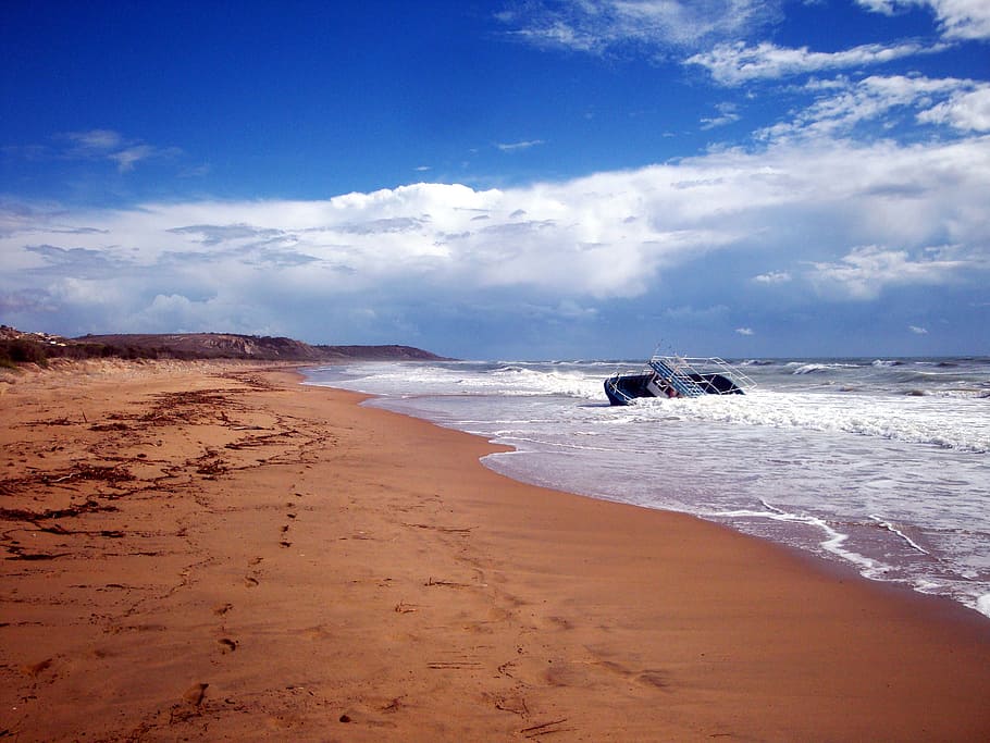 coastline during daytime, ship, beach, sea, forward, wave, shipwreck HD wallpaper