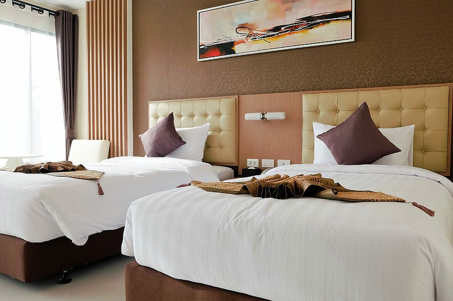 brown and beige wooden bed frame, Bedroom, Double Bed, indoors HD wallpaper