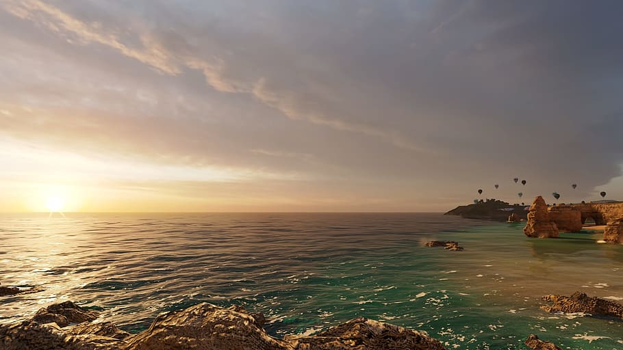 water, sea, panoramic, sky, sunrise, nature, summer, sunlight HD wallpaper