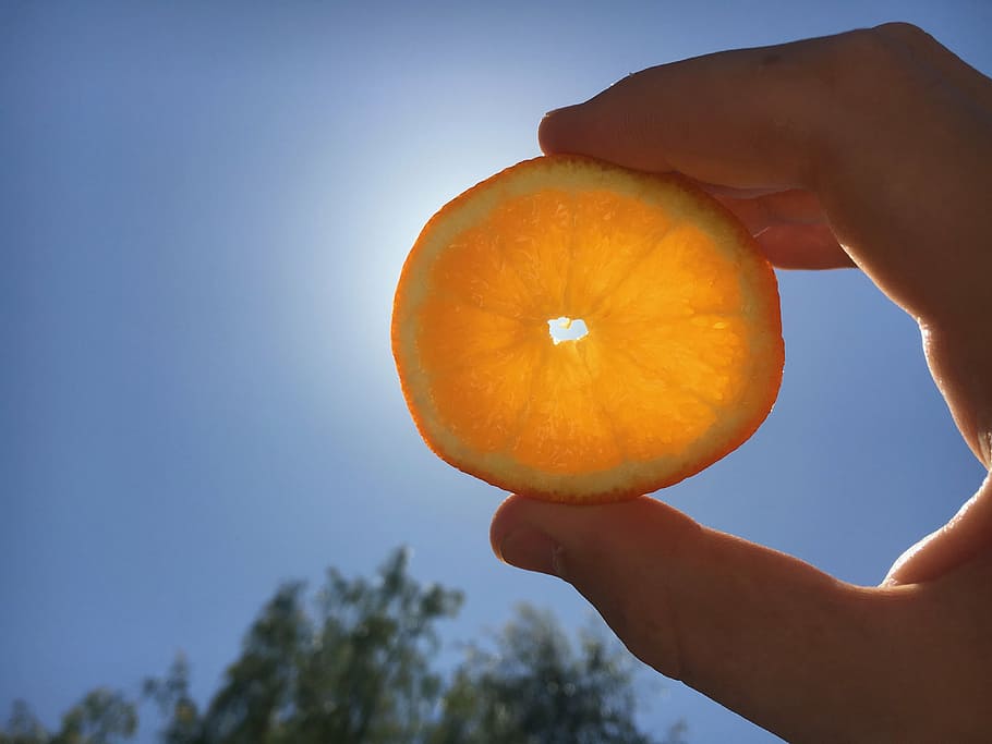 orange, blue sky, sunshine, human body part, hand, human hand HD wallpaper