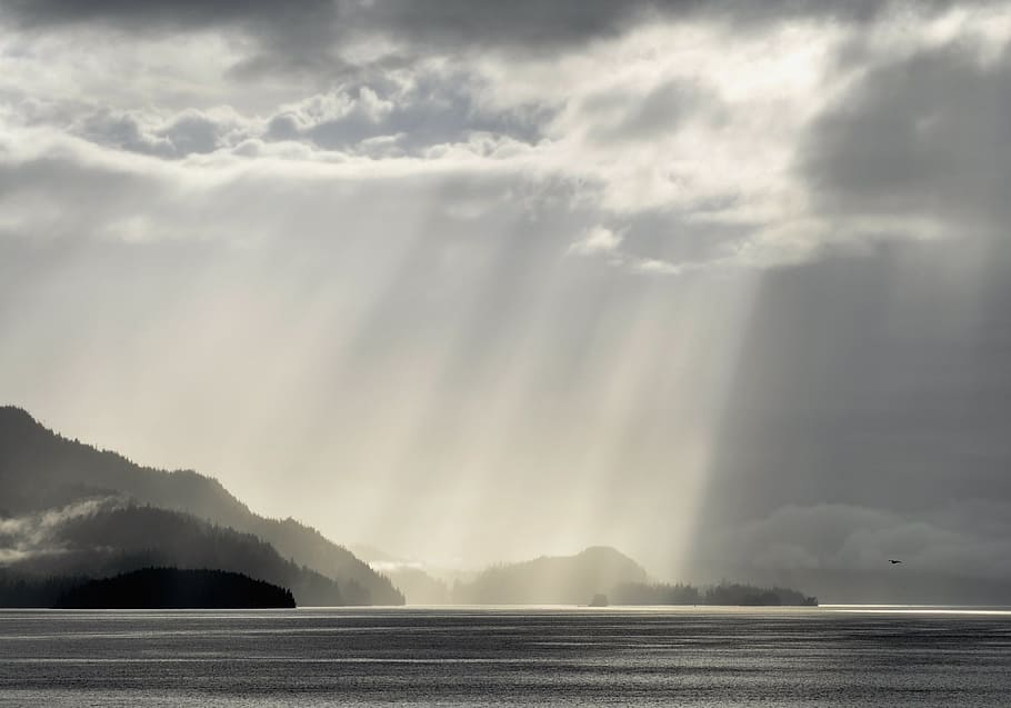 grey scale photography of sun rays, cloud, fog, sky, landscape HD wallpaper