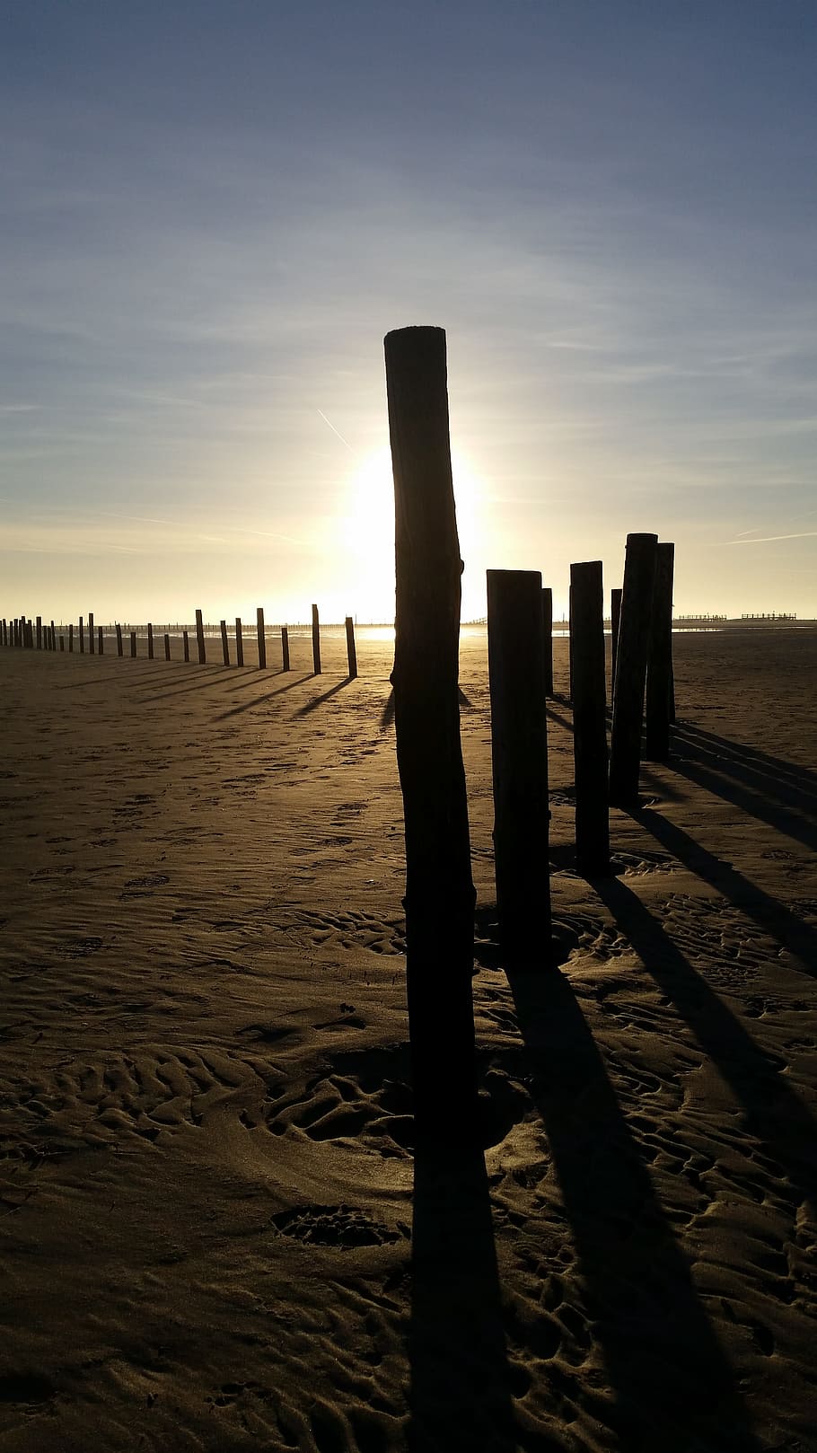 sunset, st peter obi, beach, sky, land, sand, post, wood - material HD wallpaper