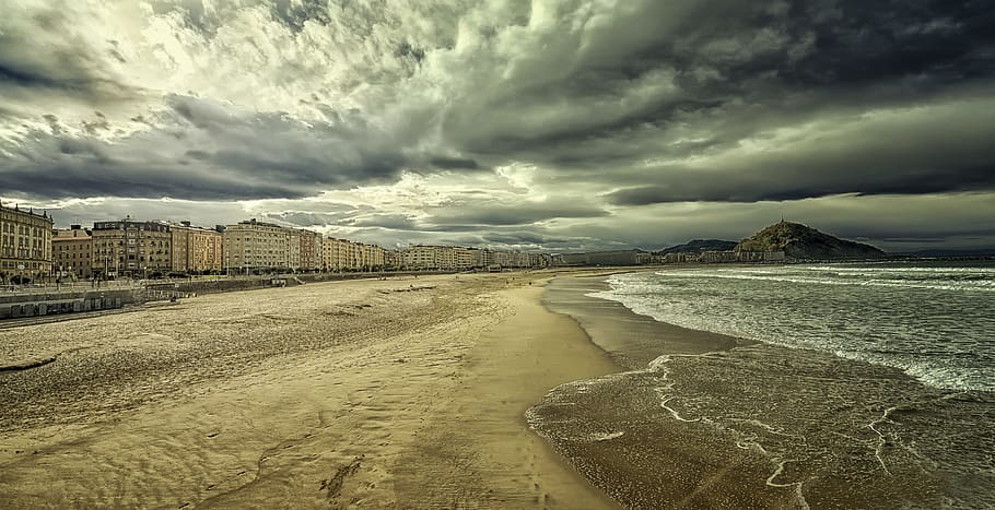beach, sea, sand, clouds, sky, coastal, tourism, water, san sebastian HD wallpaper