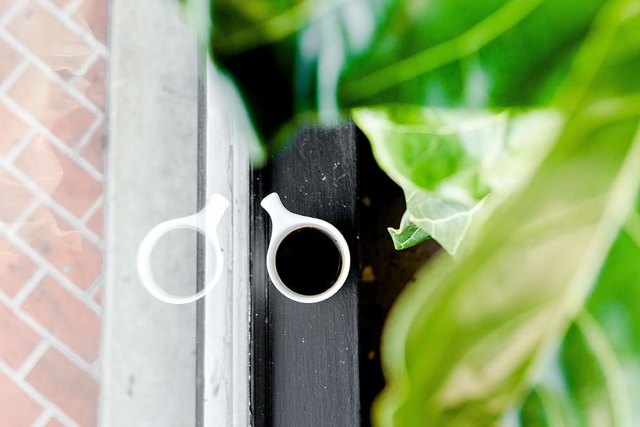 ceramic mug beside window, windowsill, window reflection, plant HD wallpaper