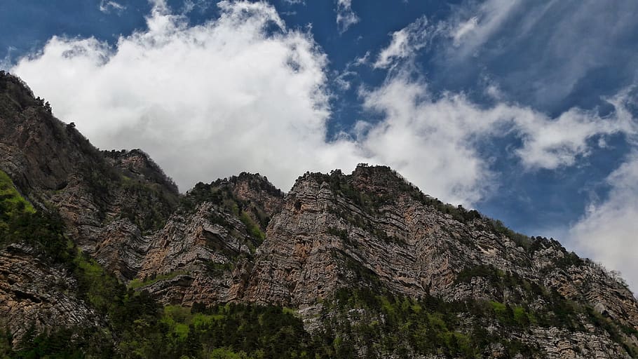 sky, mountains, clouds, nature, rocks, low angle view, cloud - sky HD wallpaper
