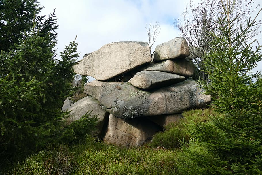 rock formation beside green trees and plants during day time HD wallpaper