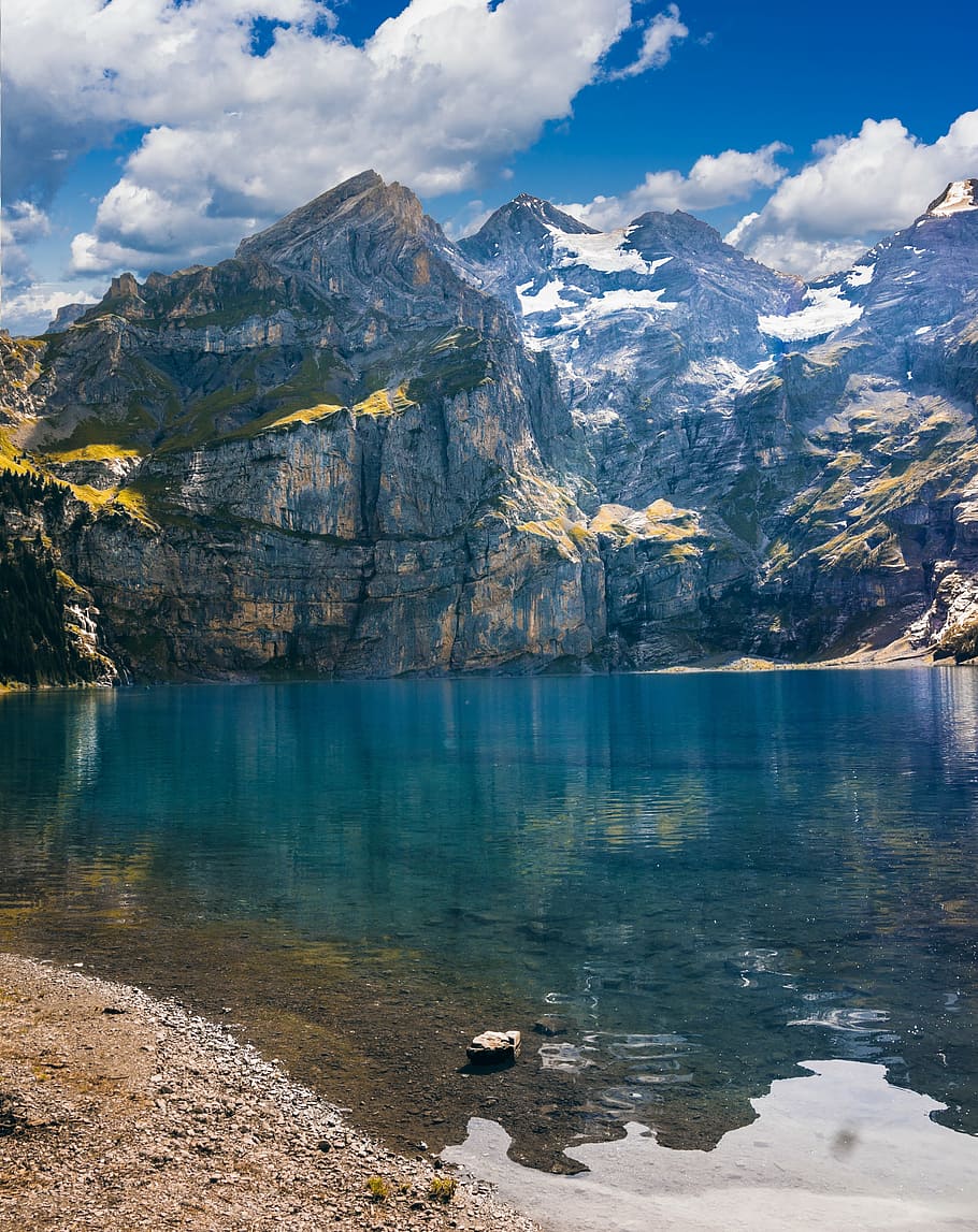 landscape photo of mountain, lake, mountains, nature, lake oeschinen HD wallpaper