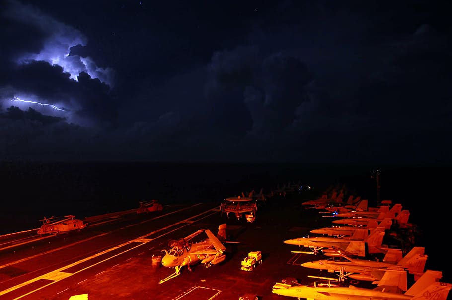 aircraft carrier, navy, deck, thunderstorm, military, lights