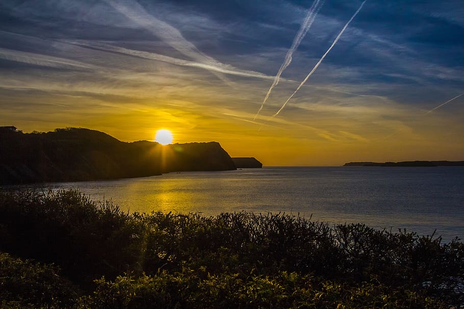Sunrise, Coast, Ocean, Reefs, Wales, england, sunset, nature HD wallpaper