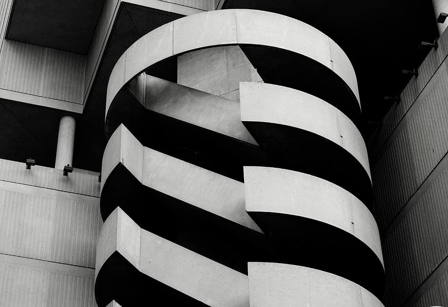 grayscale photo of building, white and black striped concrete building HD wallpaper