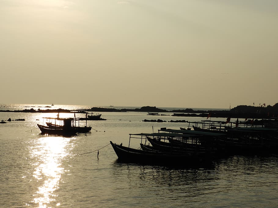 shore, sea, sunset, nautical vessel, water, transportation HD wallpaper