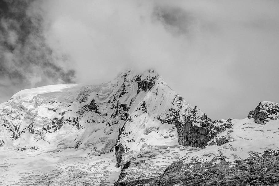 fog on top of mountain, grayscale photography of snow-covered mountains during winter HD wallpaper
