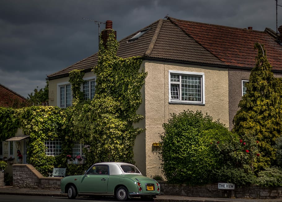 green and white coupe parked outside the house, classic yellow coupe parked beside brown house HD wallpaper