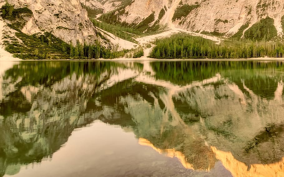 Italy, Mountains, Trees, Woods, Forest, reflection, nature, HD wallpaper