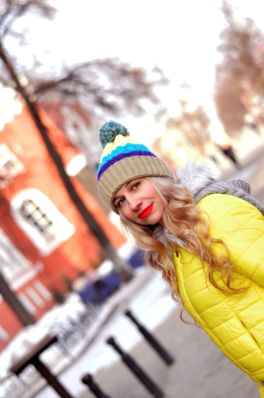 people, in the city, city ​​portrait, hat pompom, knitted clothing, HD wallpaper