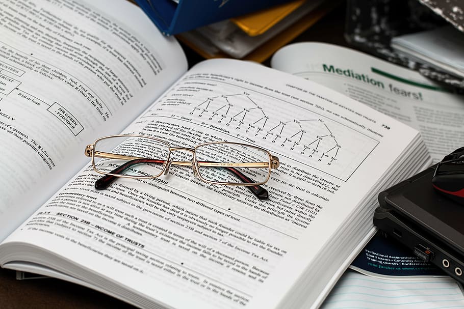 gold-colored framed eyeglasses on top of book, tax, paperwork, HD wallpaper