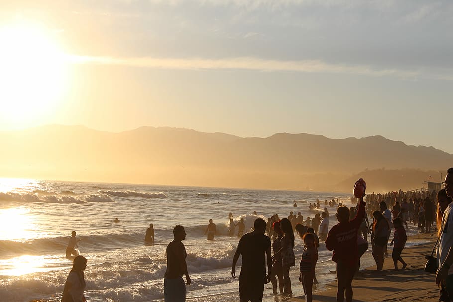 crowd people on seashore during sunset, landscape, scenery HD wallpaper