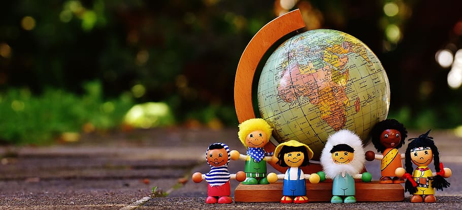 LEGO minifig beside world globe, different nationalities, children HD wallpaper