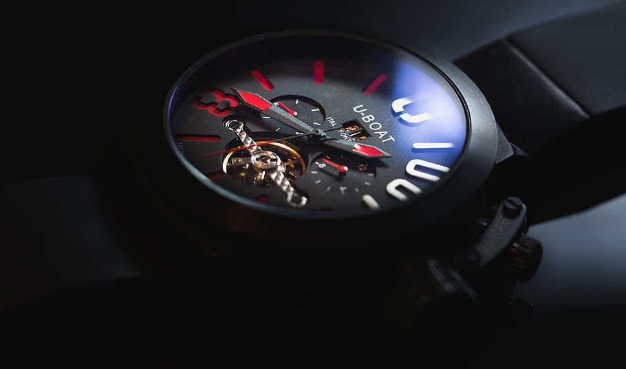 Black Strap U-boat Chronograph Watch, close-up, time, timepiece HD wallpaper