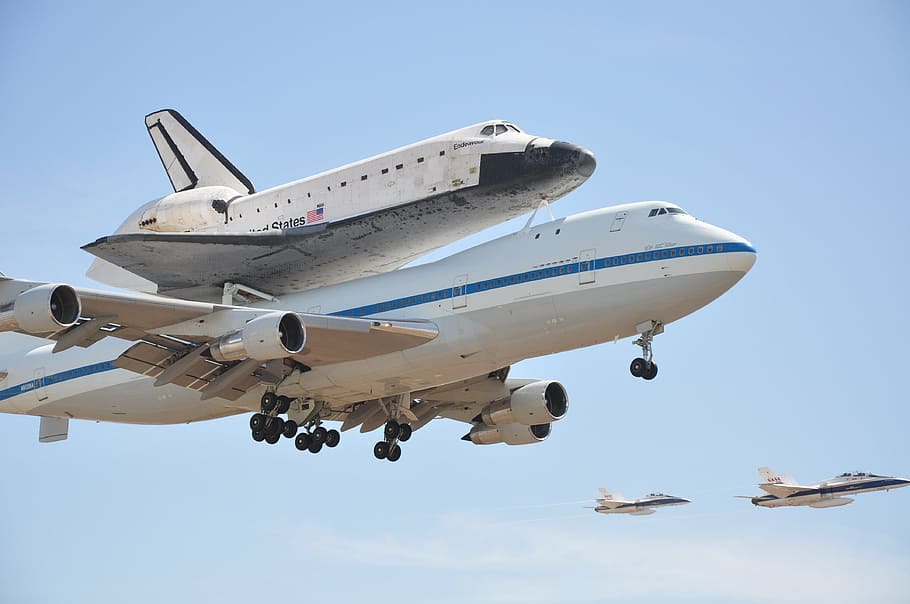 two white airliners, space shuttle, endeavor, plane, sky, exploration