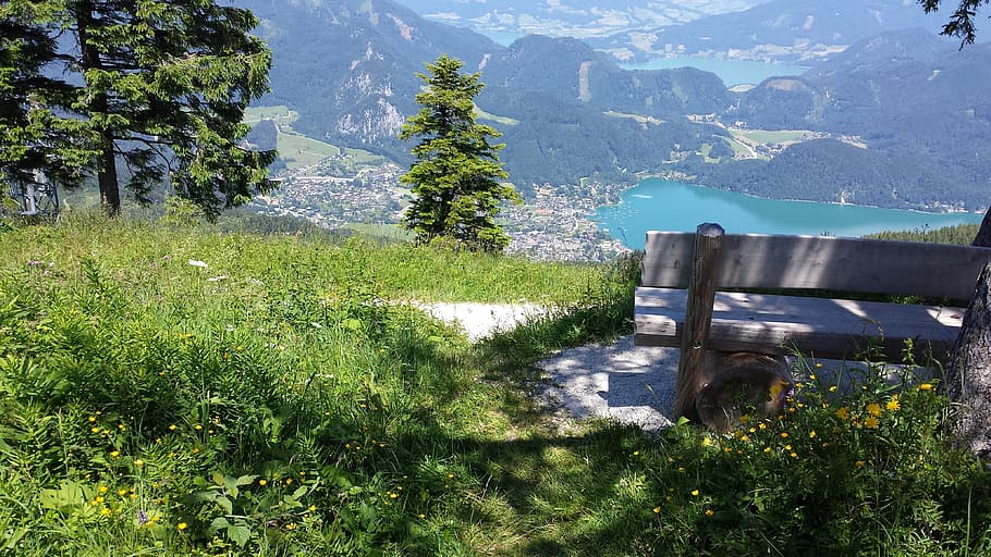lake, mountain, bench, plant, nature, beauty in nature, scenics - nature HD wallpaper