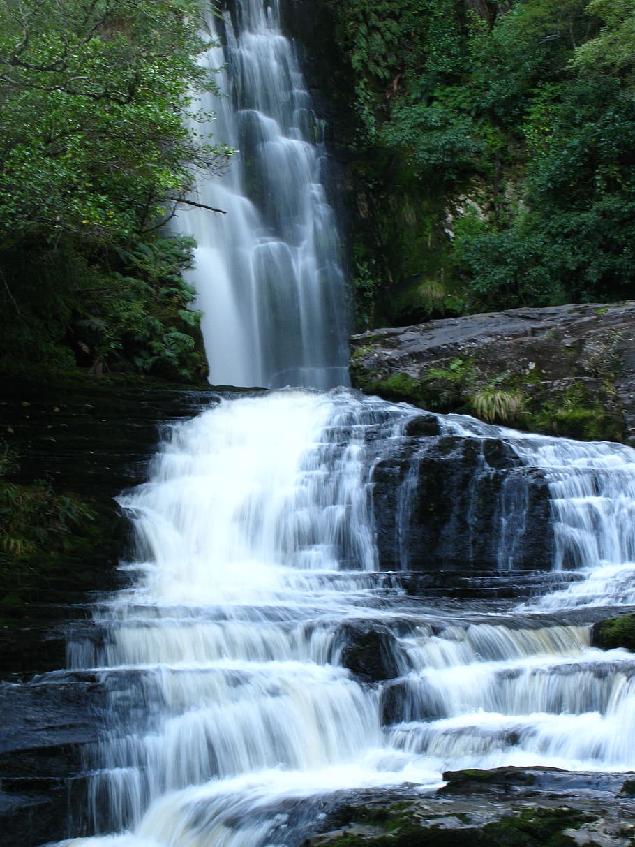 waterfalls surrounded by trees, river, stream, wet, fresh, clean HD wallpaper