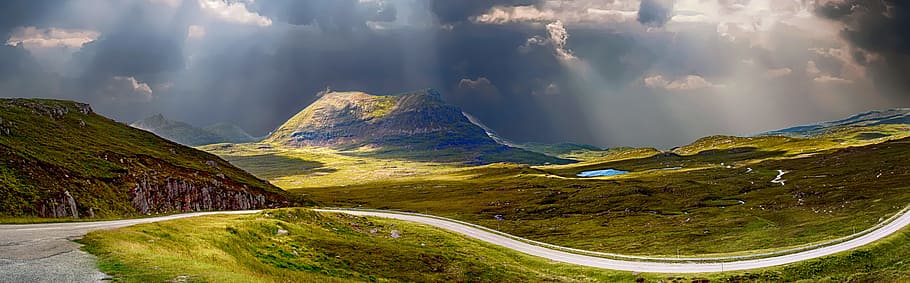 panoramic photograph of road and mountain at a distant, cloudy, HD wallpaper
