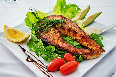 roasted fish meat on white plate, salmon, grilled fish, dish HD wallpaper