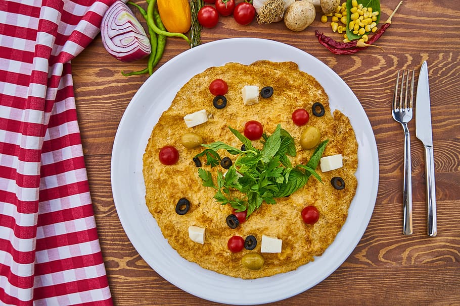 omelet, egg, breakfast, bread, tomato, nutrition, close-up, HD wallpaper