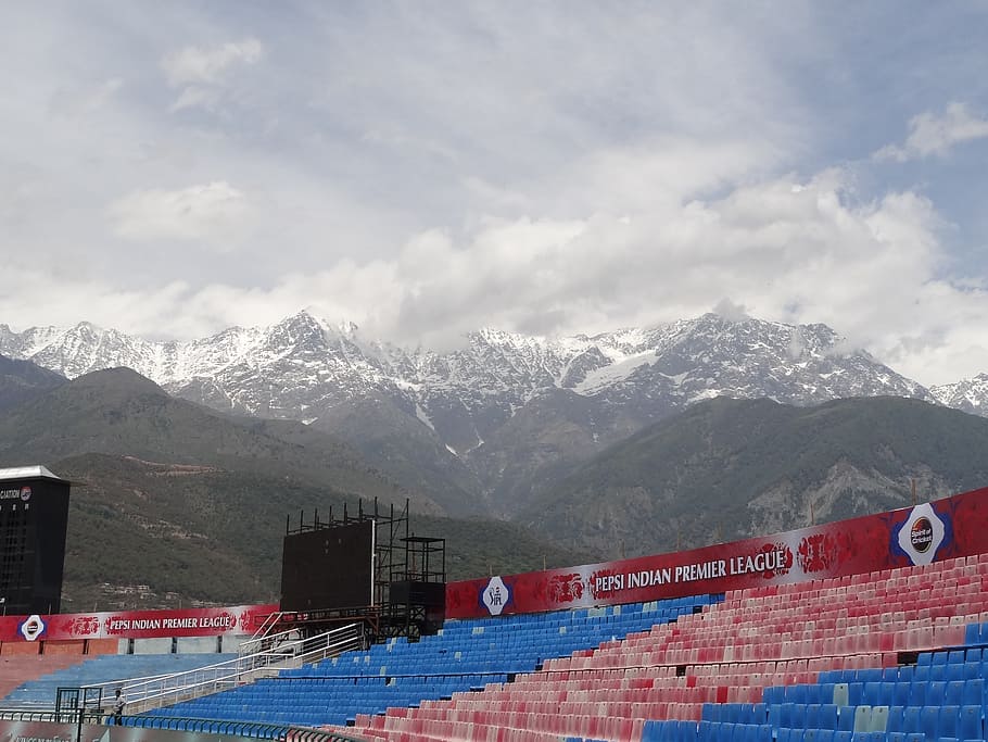 snow mountains, dharamsala, cricket ground, mountain range, HD wallpaper