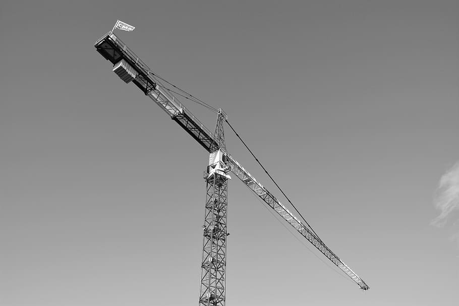 crane, site, photo black white, building, machine, lifting, HD wallpaper